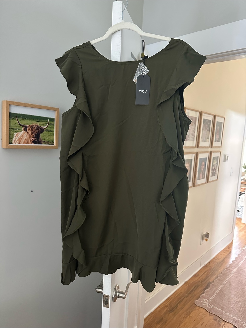 Very J Olive Green Ruffle Shift Dress